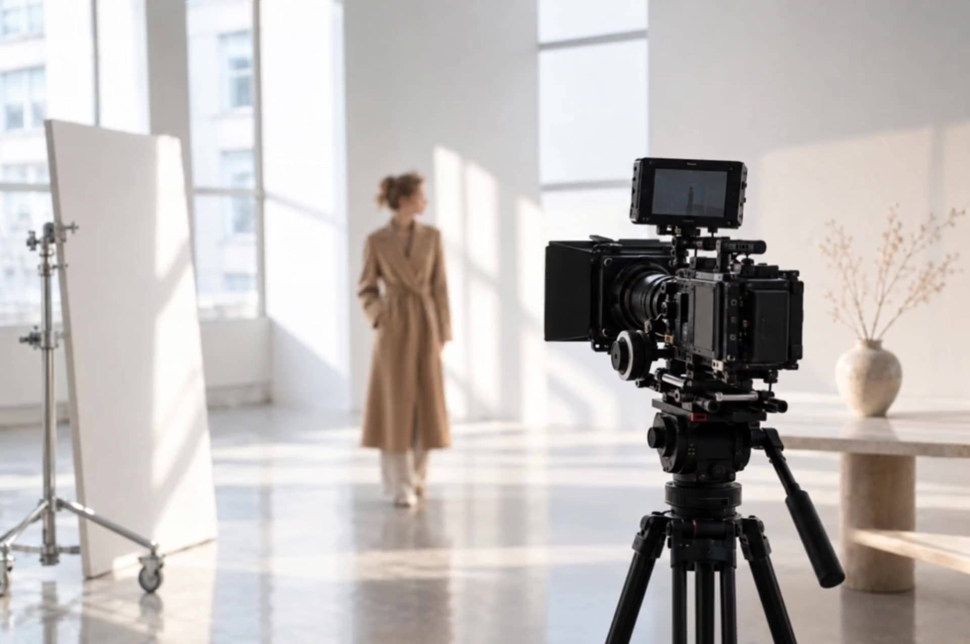 Cinema-kamera i forgrunden filmer en model i camel frakke længere inde i et lyst studie