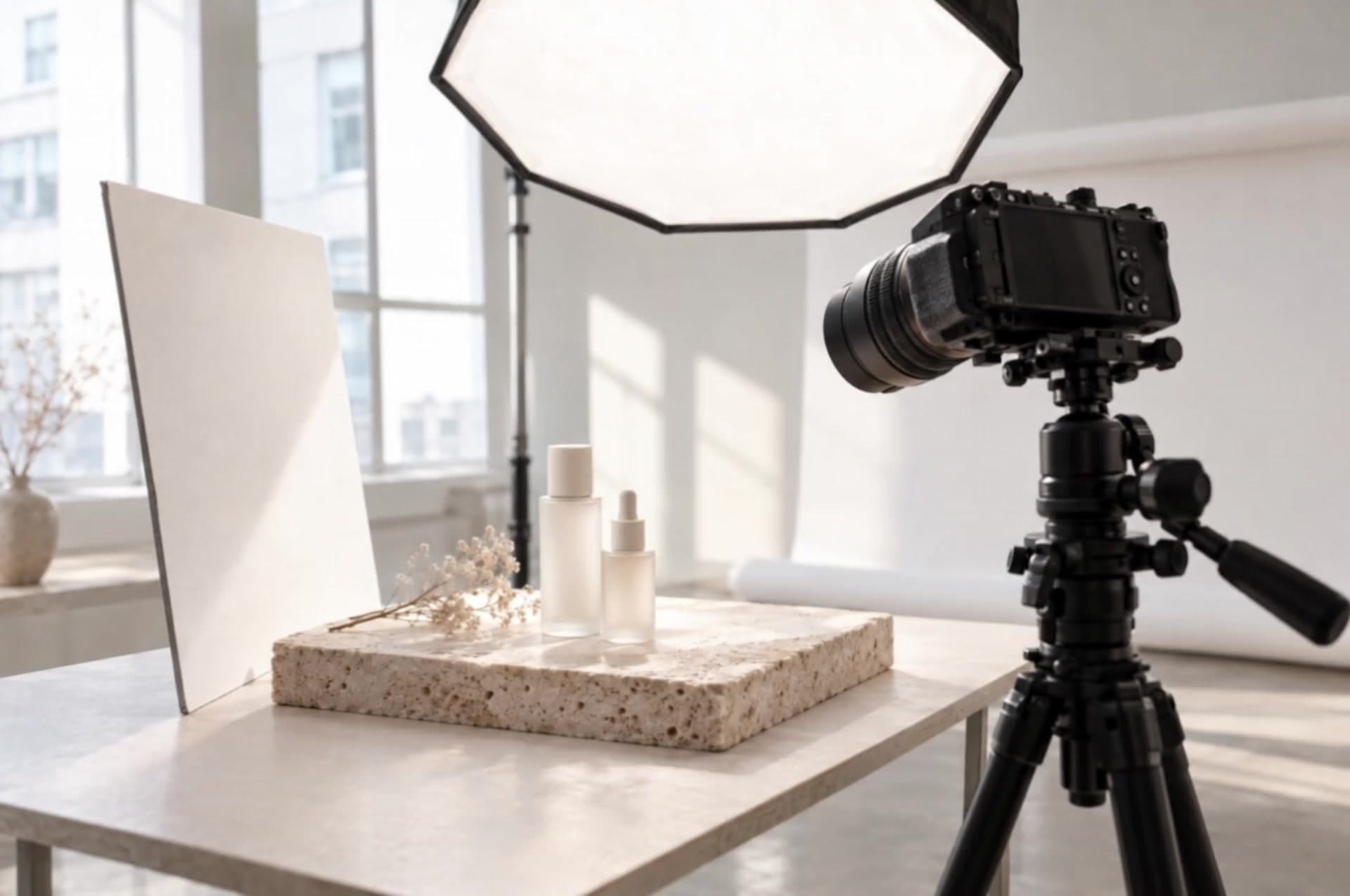 Kamera på stativ peger på serumflasker på en stenplade under en glødende softbox i et lyst studie