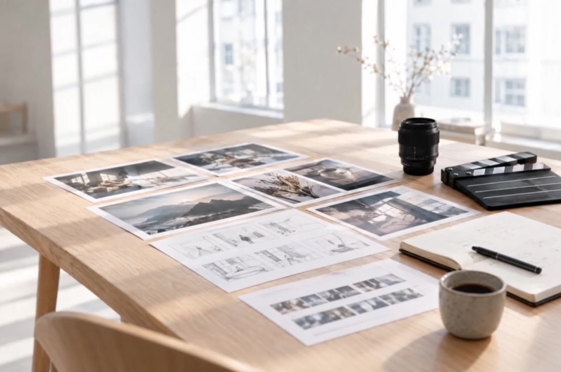 Egetræsbord med moodboard-prints, storyboards, objektiv, klaptræ og notesbog i dagslys – en produktion planlægges