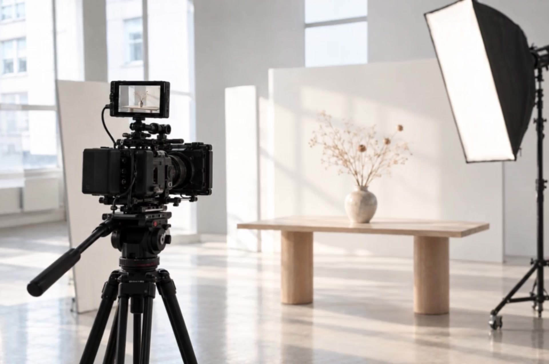 Cinema-kamera på stativ i et lyst studie, klar til optagelse foran et opbygget set med softbox