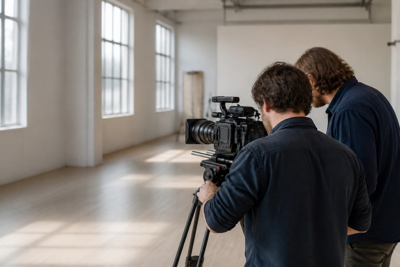 To filmfolk set bagfra ved et cinema-kamera i et lyst studie med dagslys fra vinduerne