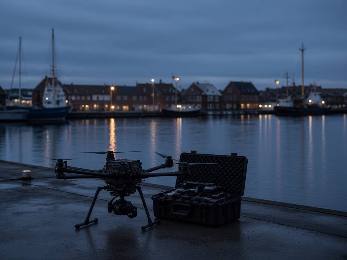Professionel filmdrone på en våd kaj i den blå time, åben flightcase ved siden af