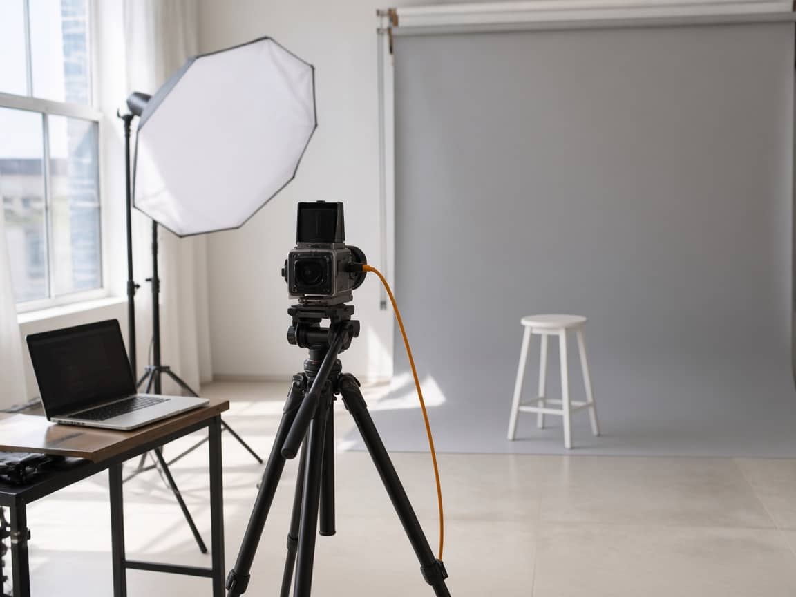 Tomt studie med grå baggrund, hvid skammel og kamera på stativ, fotograf set bagfra