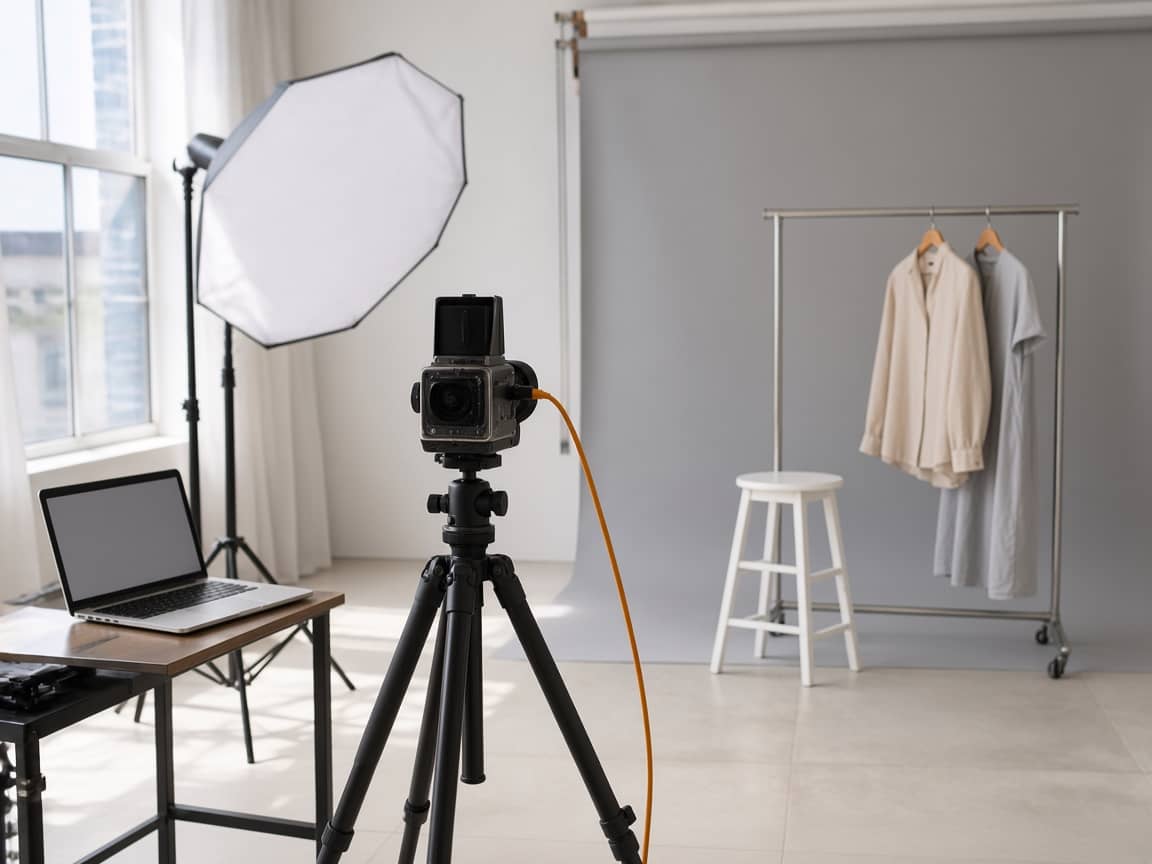 Softbox, tethering-kabel og en bærbar på et sidebord i et lyst studie