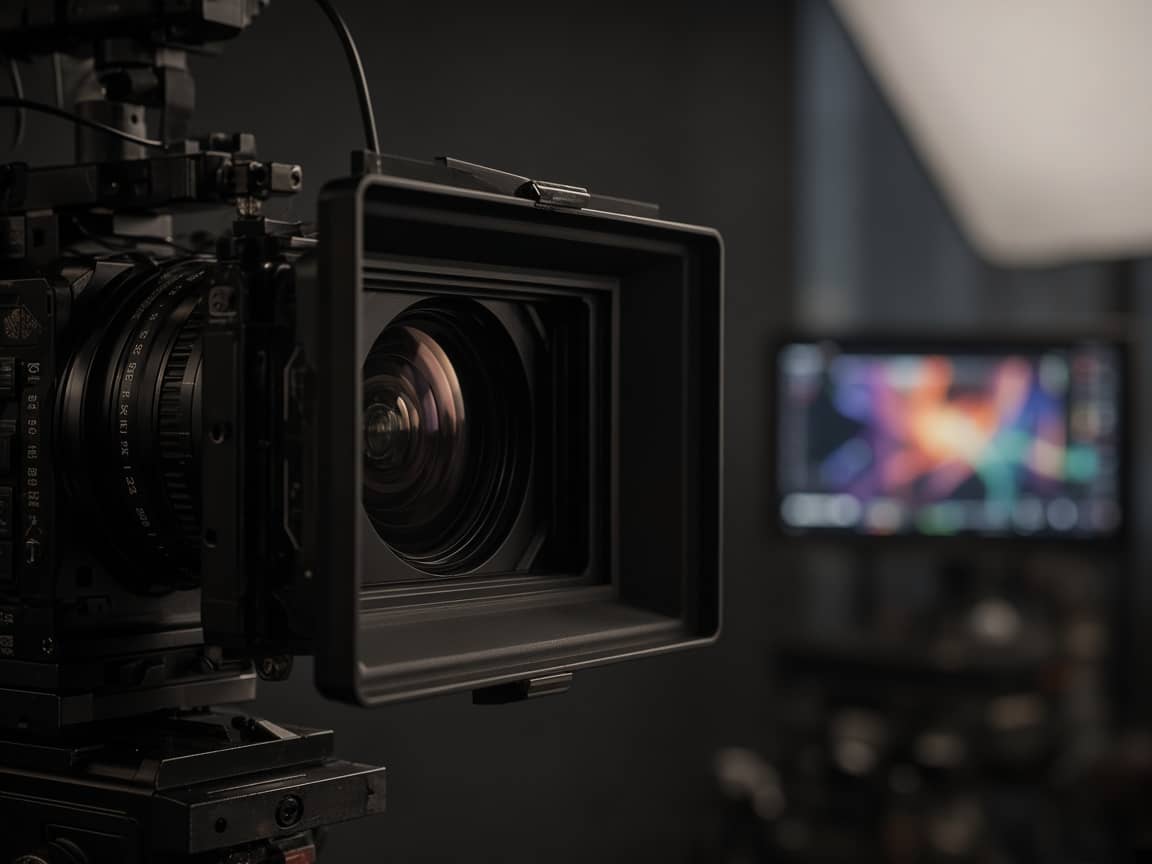 Nærbillede af matte box og en sløret monitor i et mørkt studie