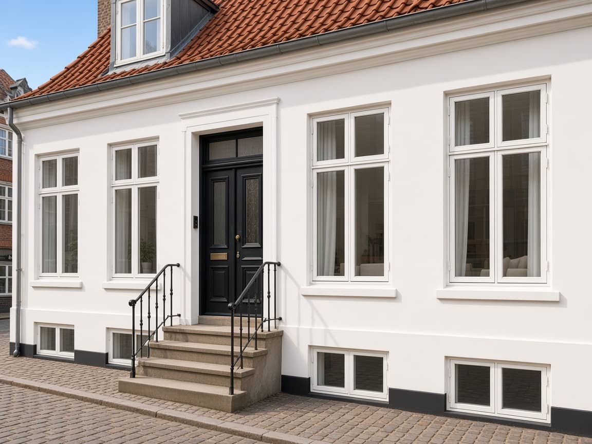 Opgang og hoveddør udefra, nordisk facade