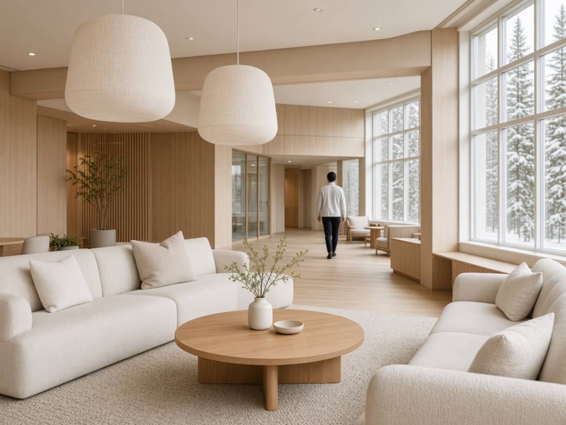 Hotel-lounge med pendler og store vinduer, én person langt væk