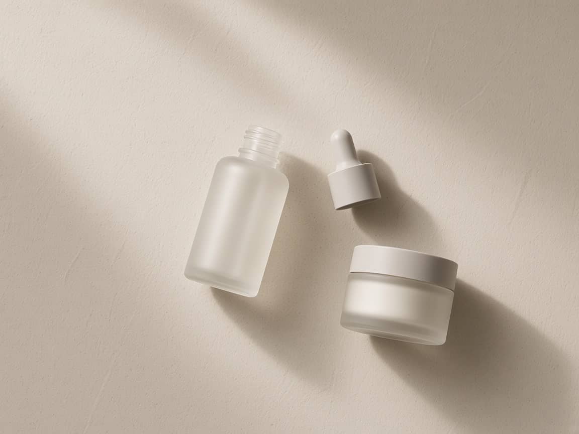 Flad opstilling af flaske, låg og pipette på beige papir