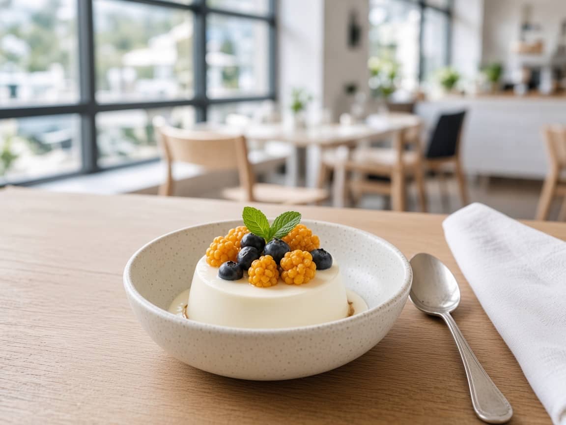 Dessert i skål ved et vindue, ske og hvid dug