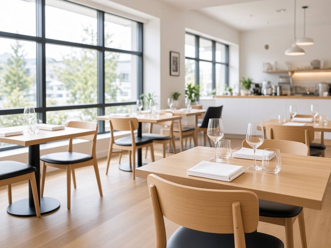 Restaurantens spisesal i dagslys, dækkede borde uden gæster