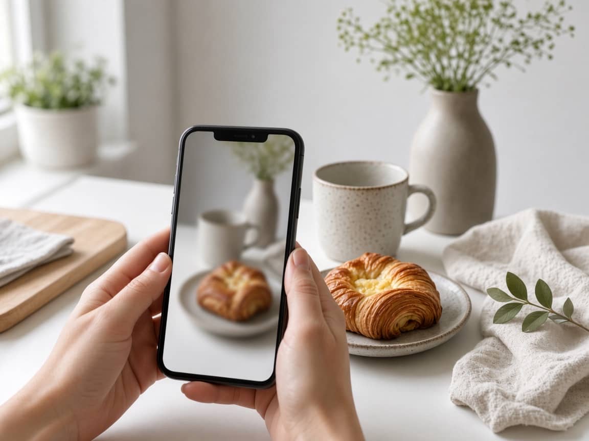 Telefonen filmer en kop og et stykke kage i dagslys