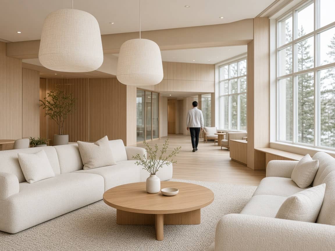 Hotel-lounge med pendler og store vinduer, én person langt væk
