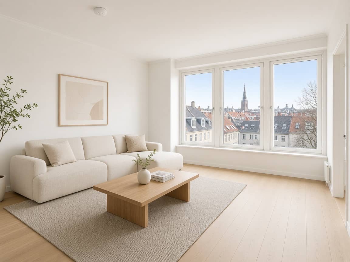 Lys lejlighed til salg, sofa og stort vindue med byudsigt