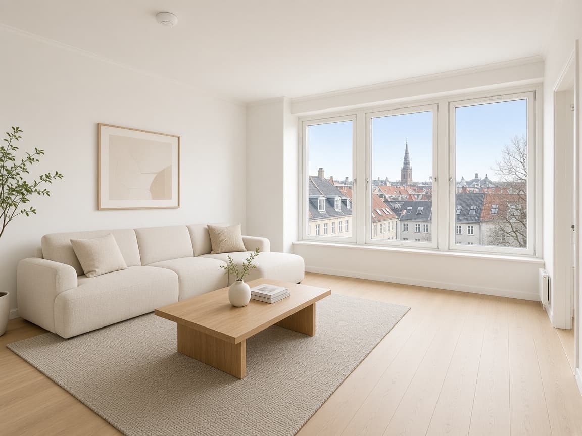 Lys lejlighed til salg, sofa og stort vindue med byudsigt