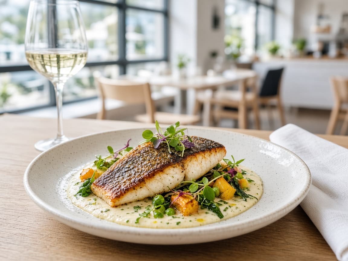 Anrettet fisk på tallerken ved et vindue, vinglas og hvid dug