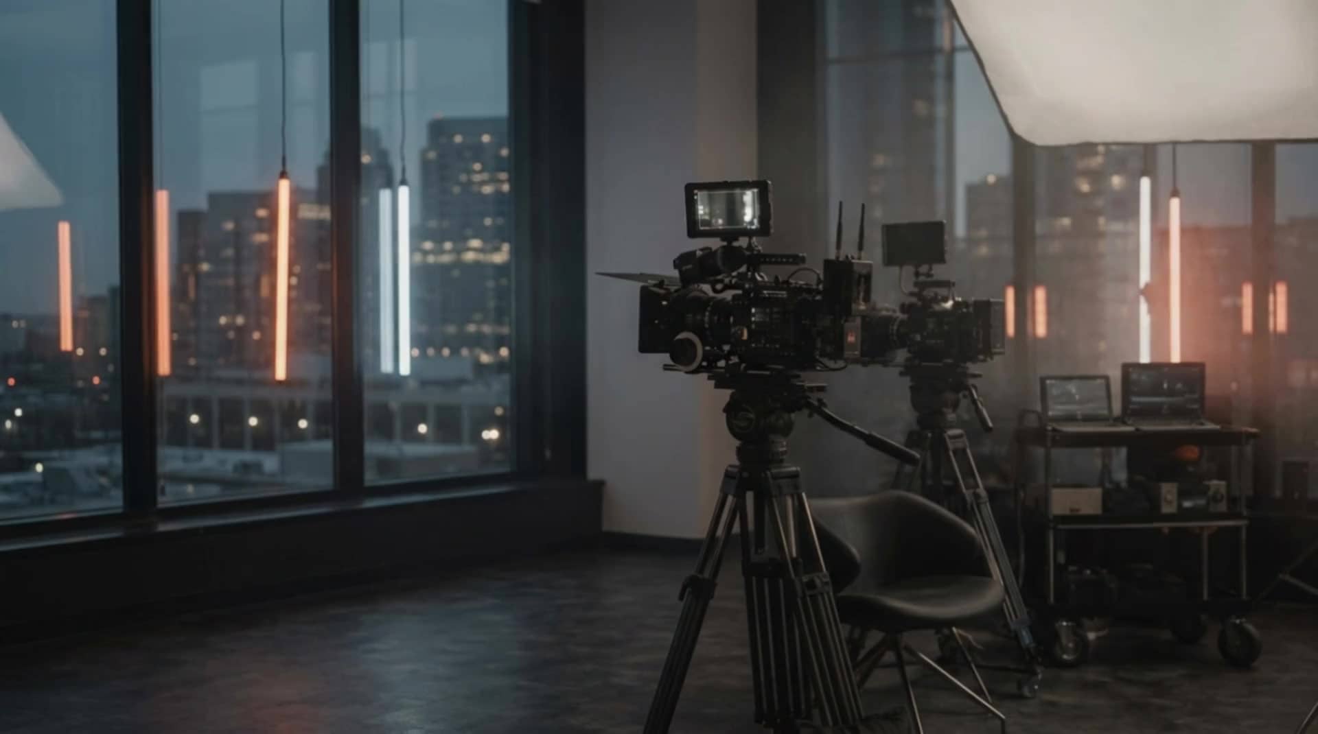 Cinema-kamera på stativ i et moderne kontor ved skumring med softbox og bylys i vinduerne